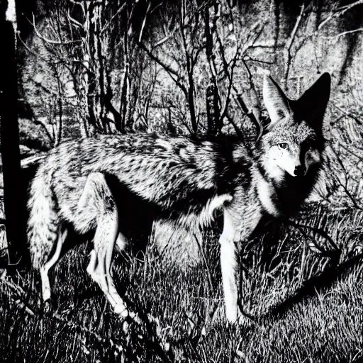 Image similar to bad waulity nightfootage nightcam black and white trailcam footage of native weird distorted human body Skinwalker transforming into a coyote