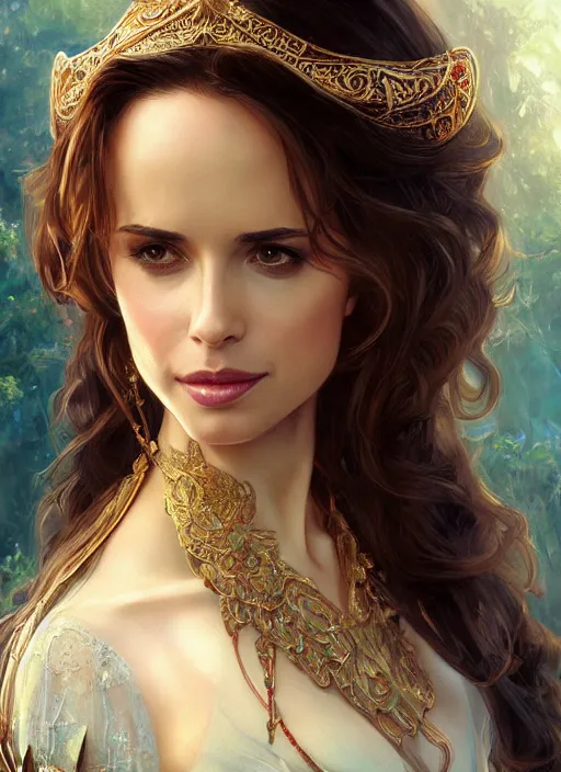 Image similar to beautiful young eliza dushku as princess disney, closeup, d & d, fantasy, intricate, elegant, highly detailed, digital painting, artstation, concept art, matte, sharp focus, illustration, art by artgerm and greg rutkowski and alphonse mucha