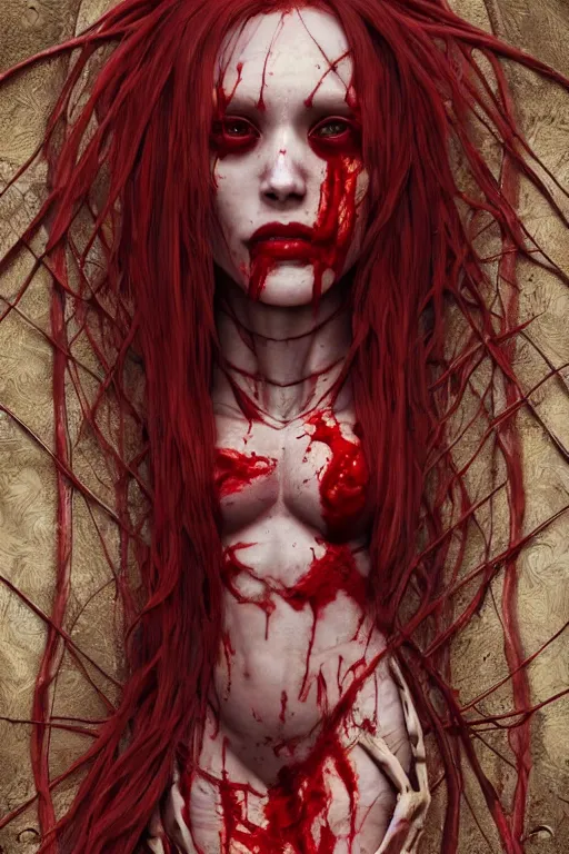 Prompt: woman skeleton covered with blood, long red hair, ultra realistic, concept art, intricate details, highly detailed, photorealistic, octane render, 8 k, unreal engine. mild film still, heavy grain, art by artgerm and greg rutkowski and alphonse mucha