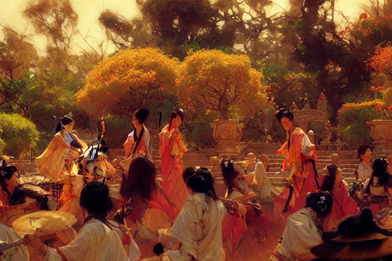 Prompt: wuxia, autumn, people rest in the garden, painting by gaston bussiere, craig mullins, j. c. leyendecker