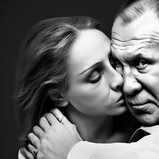 Prompt: a photo of vladimir putin kisses sergey lavrov, topless, lovely kiss, kiss mouth to mouth, romantic, emotional, love scene, insane details, clear face, clear eyes, textured, 8 k resolution, professional photography, dslr, focus, zeiss lens, depth of field, studio quality, fashion photoshoot, extremely detailed, artistic, octane render, buck adams, stoney curtis