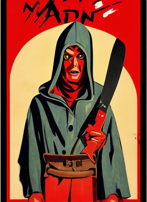 Image similar to man in hood and red eyes with a knife, 1940s propaganda poster, full hd,highly detailed