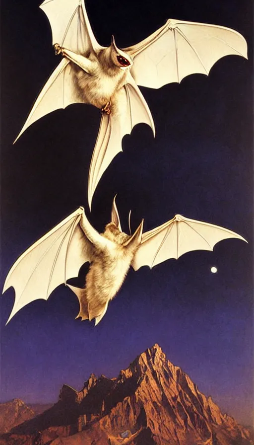 Image similar to hyper realistic white bat, flying against a dark black night sky, mountain in the background, moonlight, denoised, very detailed, painted by james gurney, alphonso mucha, norman rockwell, tom bagshaw