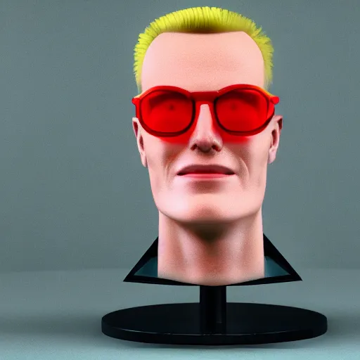 Prompt: a 3 d render of max headroom on tv, octane render, unreal engine, hyperrealism, 8 k, trending on artstation, ultra detailed, volumetric lighting, dramatic lighting, lasers, neon