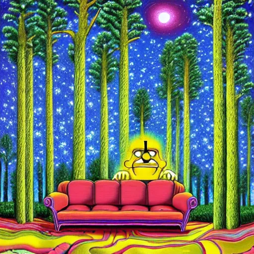 Prompt: psychedelic trippy homer simpson pine forest, planets, milky way, sofa, cartoon by rob gonsalves