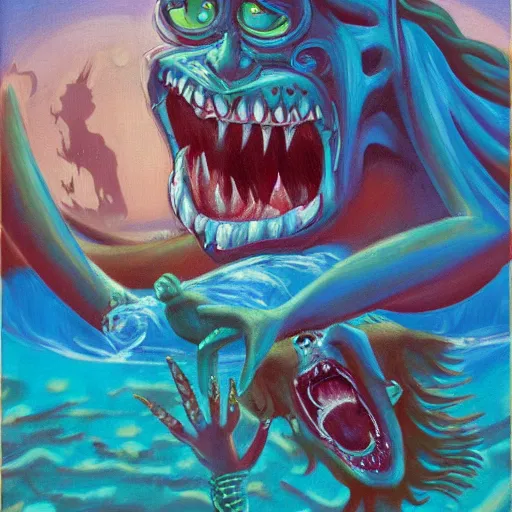 Image similar to painting of an underwater goblin with huge teeth chasing a mermaid in the style of expressionism