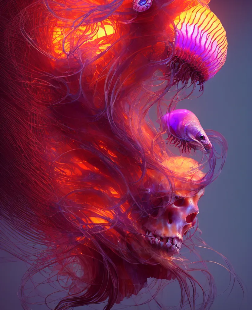 Image similar to goddess close-up portrait. chimera orchid jellyfish phoenix head, nautilus, skull, betta fish, bioluminiscent creatures, intricate artwork by Tooth Wu and wlop and beeple. octane render, trending on artstation, greg rutkowski very coherent symmetrical artwork. cinematic, hyper realism, high detail, octane render, 8k