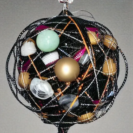 Image similar to Vivienne Westwood orb pendant surrounded by network cables and garbage and trash against a silk backdrop”