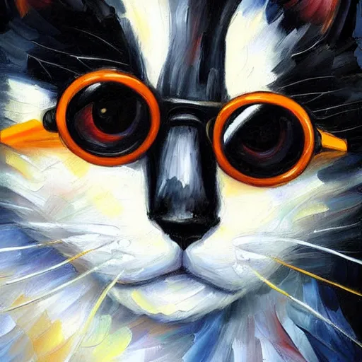 Prompt: portrait painting of a black and white cat wearing a lab coat and safety glasses by Leonid Afremov