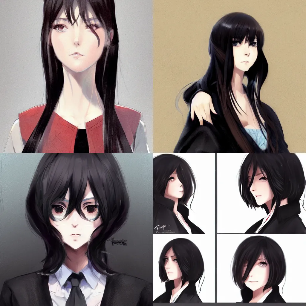 Prompt: A portrait of a beautiful anime girl wearing a long coat, shoulder length straight black hair with bob cut, dark eyes, freckles, concept art, sketchbook, Huke, krenz cushart, trending on artstation