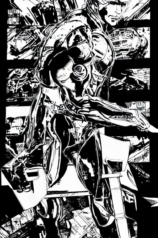 Image similar to raiden from metal gear rising, a page from cyberpunk 2 0 2 0, style of paolo parente, style of mike jackson, adam smasher, johnny silverhand, 1 9 9 0 s comic book style, white background, ink drawing, black and white, colouring pages