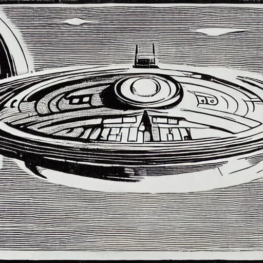 Image similar to woodcut of starship enterprise, star trek, by gustave dore