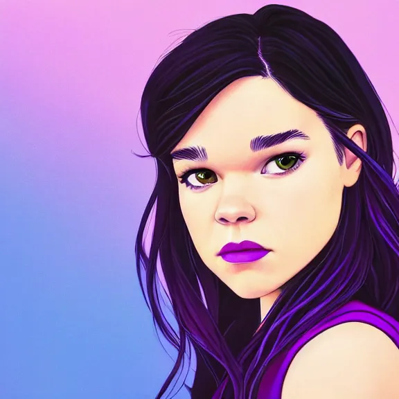 Prompt: Hailee Steinfeld as Kate Bishop as a Muppet in New York City, Marvel, Hawkeye, blush, symmetrical face, intricate, face, blue iris eyes, black hair, slim face, young adult, elegant, light purple mist, cityscape, highly detailed, dramatic lighting, sharp focus, trending on artstation, artstationHD, artstationHQ, unreal engine, 4k, 8k