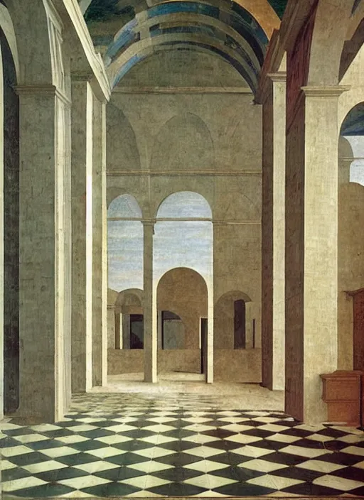 Image similar to renaissance sharp painting of a ethereal room with pastel colors room in central perspective, checkered floor and bright colors in the style of piero della francesca