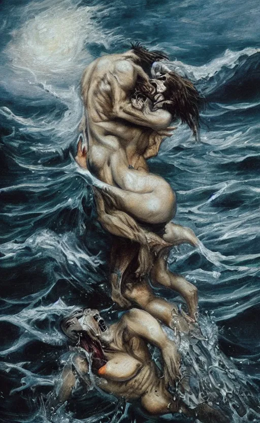 Prompt: amazing detailed intricate beautiful painting of two scary werewolves in a passionate embrace in a turbulent ocean, by francis bacon. hd. hq. trending on artstation