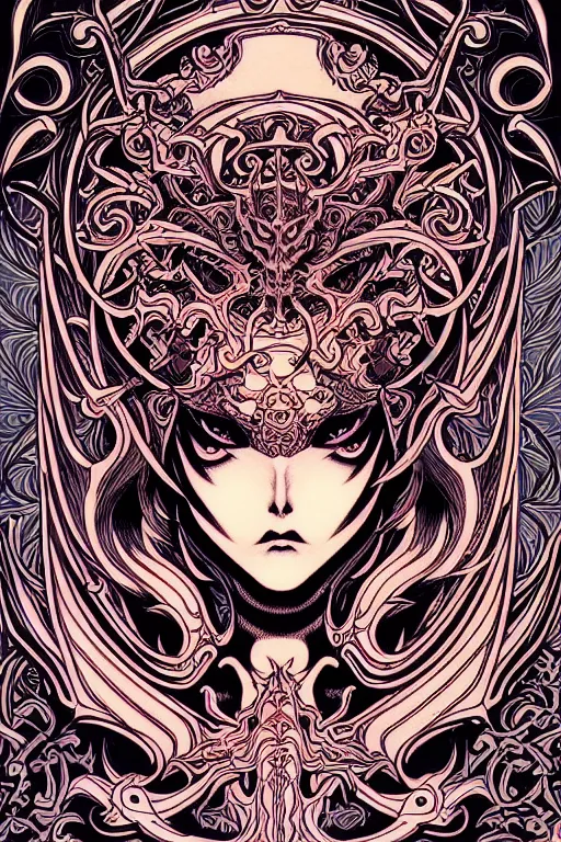 Image similar to demon, occult design with ornate pattern background, intricate linework, in the style of moebius, ayami kojima, 9 0's anime, retro fantasy