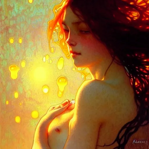 Image similar to glossy liquid honey drops flowing like translucent amber, backlit, sunset, refracted lighting, art by collier, albert aublet, krenz cushart, artem demura, alphonse mucha