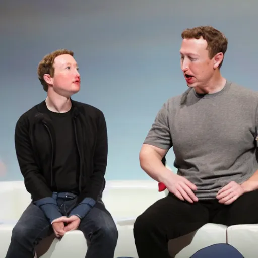 Image similar to elon musk and mark zuckerberg, one on each side, fighting over an iphone