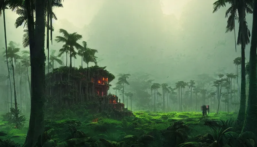 Prompt: tropical jungle, wall wood fortress, an epic fantasy, dramatic lighting, cinematic, establishing shot, extremely high detail, photorealistic, cinematic lighting, artstation, matte painting, by simon stalenhag, shadow of the tomb rider