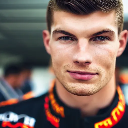 Prompt: closeup portrait of Max Verstappen at the formula 1 starting grid, by Steve McCurry and David Lazar, natural light, detailed face, CANON Eos C300, ƒ1.8, 35mm, 8K, medium-format print