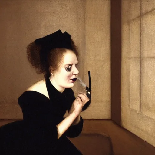 Prompt: a woman smoking a cigarette in a dark room, a portrait by nicholas hilliard, screenshot by martin scorsese, photorealistic painting by jerry weiss, aestheticism, goth, dark and mysterious, filmic, a photorealistic painting by jerry weiss, shutterstock tumblr contest winner, naturalism, behance hd, shutterstock contest winner