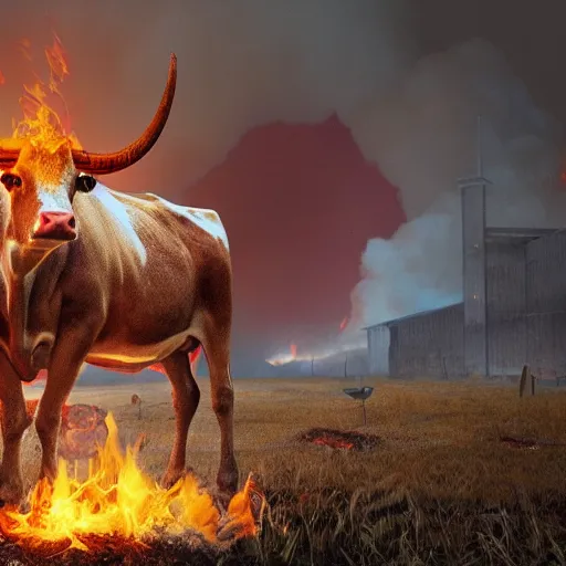 Image similar to a cow in hell, surrounded by fire, realistic render