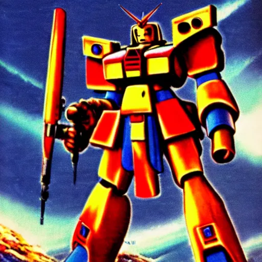 Image similar to a 1 9 8 0 s advertisement displaying a monk piloting a gundam mech suit, highly detailed, sharp focus, hq, post grunge, subtle colors.