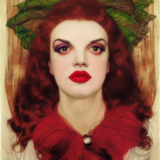 Image similar to portrait of a hybrid of judy garland and lady gaga with marfan syndrome, full lips, downward slanting eyes, with a brown fringe, holman hunt, john william waterhouse, kilian eng, rosetti, john everett millais, william holman hunt, 4 k