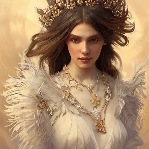 Prompt: a queen with a decorated dress made of white and cream plumes of swan, highly detailed, digital painting, Trending on artstation , HD quality, by artgerm and greg rutkowski and alphonse mucha, dramatic light, octane