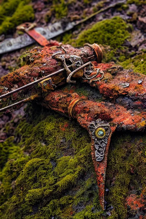 Image similar to a portrait of a rusty sword half embedded in a rock, rust and corrosion, moss and vegetation, ancient forest, excalibur, close - up, intricate details, intricately detailed textures, warm lighting, vivid colors, smoke and mist, hyper realistic octane render, volumetric shading, depth of field, raytracing, 8 k,