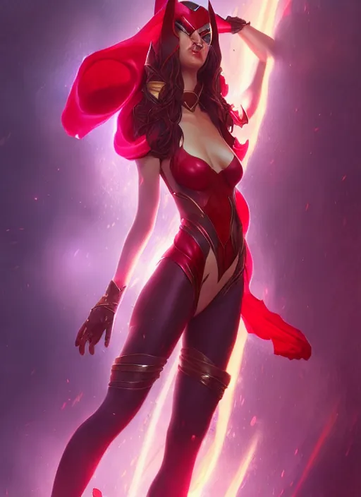 Image similar to scarlet witch in league of legends, au naturel, hyper detailed, digital art, trending in artstation, cinematic lighting, studio quality, smooth render, unreal engine 5 rendered, octane rendered, art style by klimt and nixeu and ian sprigger and wlop and krenz cushart.