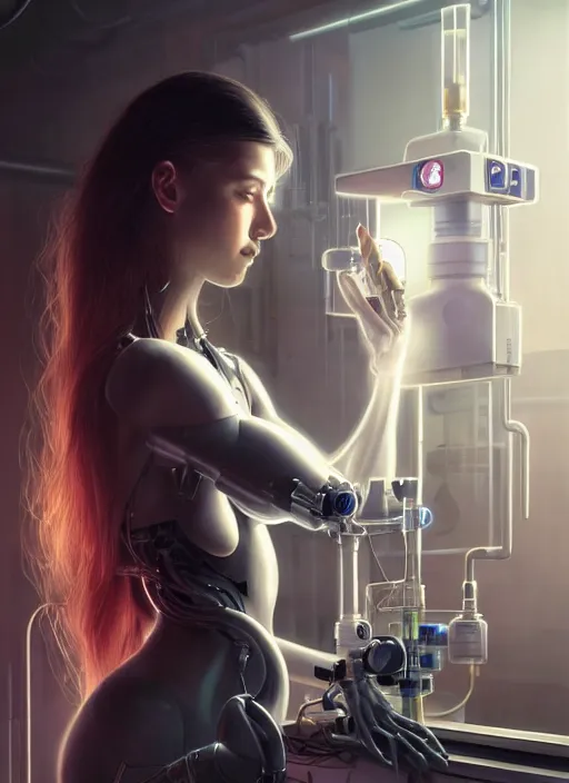 Image similar to Ultra realistic cyborg extreme beautiful woman in a chemical laboratory, cyberpunk,sci-fi, fantasy,Kodak , soft light, volumetric lighting, ,night, fog ,smoke, intricate, elegant, highly detailed, digital painting, artstation, concept art, smooth, sharp focus, illustration,art by artgerm and greg rutkowski and alphonse mucha