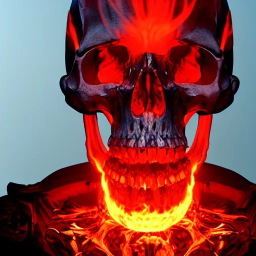 Prompt: a highly detailed human skull on fire in front of a glowing red background, 3 d, highly detailed, digital art, artstation, concept art, initimate lighting, strong bokeh, trending