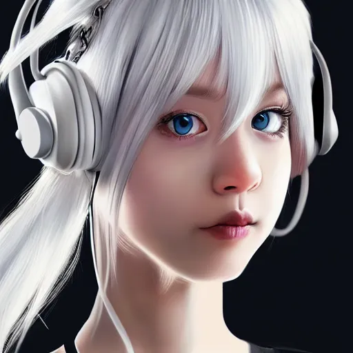Image similar to realistic teasing detailed semirealism beautiful gorgeous cute Blackpink Lalisa Manoban white hair white cat ears blue eyes, wearing black camisole outfit, headphones, black leather choker full HD 4K high resolution quality WLOP, Aztodio, Taejune Kim, Guweiz, Pixiv, Instagram, Artstation