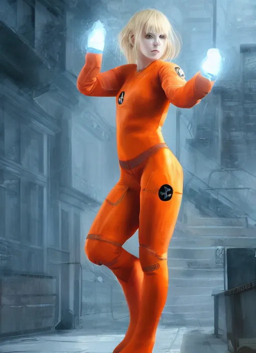 Image similar to biohazard teenage blonde girl wearing an orange superhero costume, au naturel, hyper detailed, digital art, trending in artstation, cinematic lighting, studio quality, smooth render, unreal engine 5 rendered, octane rendered, art style by klimt and nixeu and ian sprigger and wlop and krenz cushart