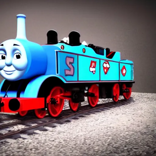 Prompt: the most smug, insane, evil, satanic looking Thomas the tank, ultra realistic 4k rendered in redshift