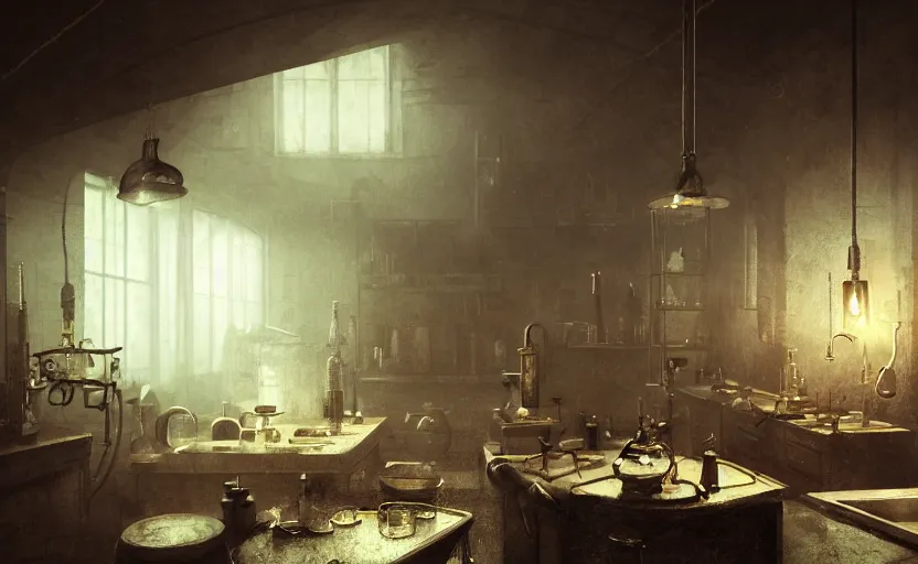 Prompt: alchemy laboratory, gloomy and foggy atmosphere, octane render, rembrandt, cgsociety, artstation trending, horror scene, highly detailded