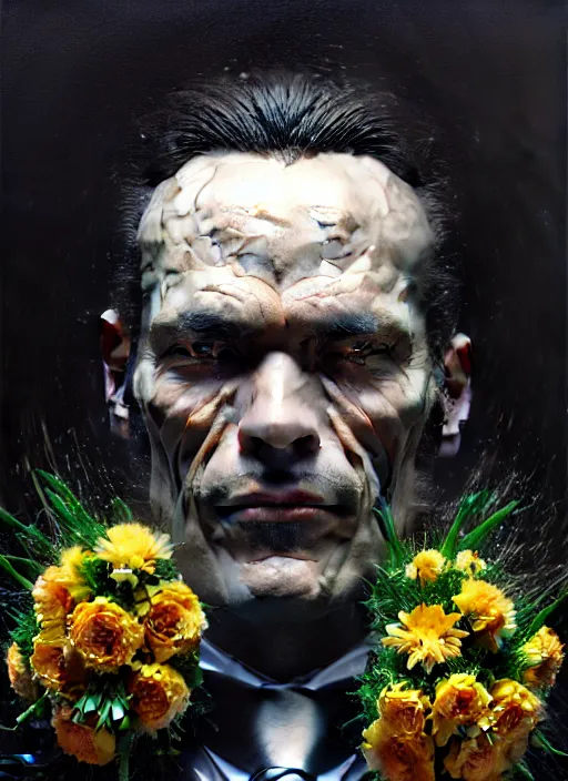 Prompt: an man in a black suit with a head made of flowers, intricate, highly detailed, concept art, hyperrealistic, oil painting by greg staples, 8 k