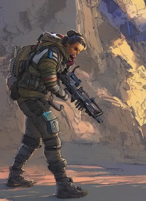 Image similar to apex legends ash. concept art by james gurney and mœbius.