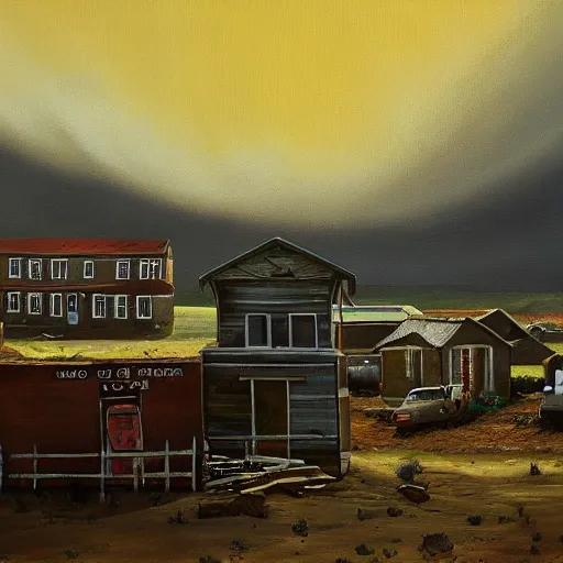 Image similar to a small town for the last remaining humans on the planet oil painting