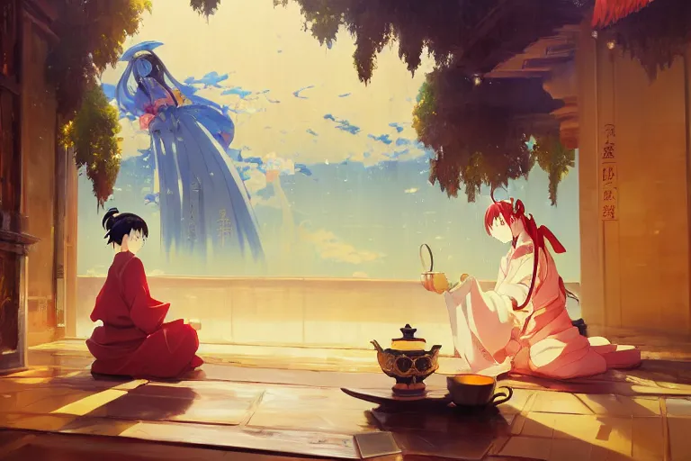 Image similar to baroque! oil painting of anime key visual environment concept art of anime! shinto priestess pouring a cup of tea, sat in seiza position, award winning anime, trending on artstation, palette knife! and brush strokes, oil on canvas, makoto shinkai greg rutkowski studio ghibli