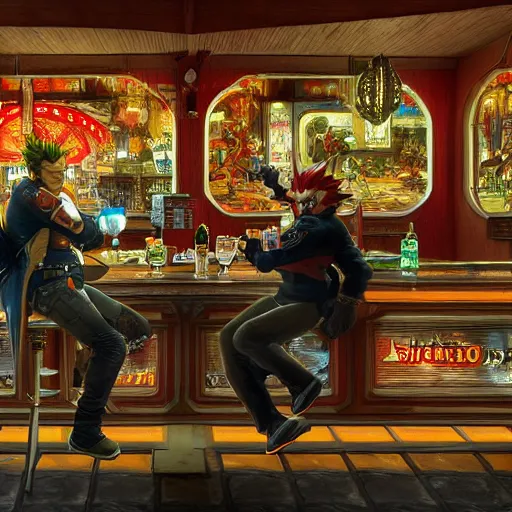 Prompt: an ultradetailed 3 d render of shadow the hedgehog and bowser sitting in a bar drinking beer, dive bar with a karaoke machine, volumetric lighting, 4 k, octane render, art by greg rutkowski and alphonse mucha and andreas rocha and albert bierstadt