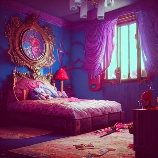 Image similar to 80s gaming kid's bedroom:: by beeple and James Gilleard and Justin Gerard :: ornate, dynamic, particulate, intricate, elegant, highly detailed, centered, artstation, smooth, sharp focus, octane render, 3d