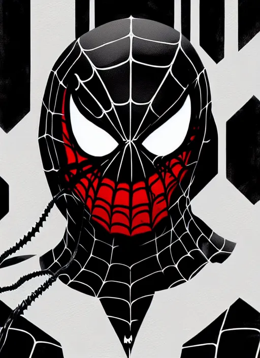 Prompt: highly detailed closeup portrait of a venom in spiderman suit with skeletal face,, black parka by atey ghailan, by greg rutkowski, by greg tocchini, by james gilleard, by joe fenton, by kaethe butcher, gradient, red, blue, black, brown and cream color scheme, grunge aesthetic!!! white graffiti tag wall background