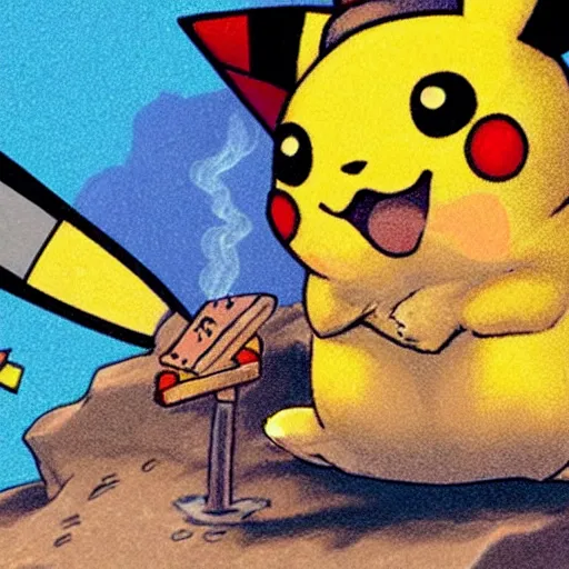 Prompt: pokemon card of : pikachu smoking a fat blunt with ash sitting on a rock next to a river, bright blue sky colorful detailed drawing