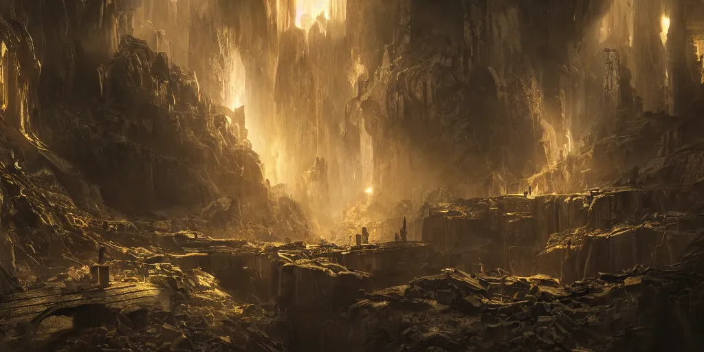 Image similar to discovery of a highly advanced underworld metropolis with dark lighting in the style of thomas cole, cinematic lighting, raytracing, 8 k, octane render, volumetric, vivid, beautiful, hyperrealism