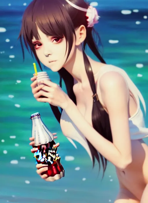 Image similar to full body picture of a extremely beautiful and attractive and cute and aesthetic girl drinking a coke, highly detailed face, very thirsty, dripping on the body, sharp focus, shiny day on the beach, specular reflection, occlusion shadow, trending on artstation, epic light novel cover art, art by ilya kuvshinov and sakimichan and jeremy lipking