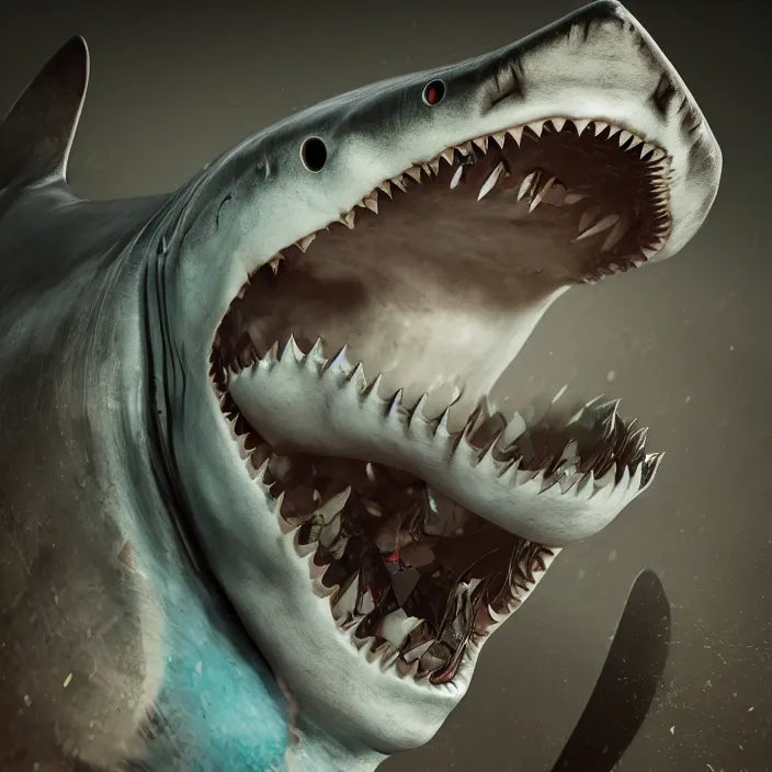 Image similar to a shark human hybrid. intricate abstract. intricate artwork. octane render, trending on artstation, very coherent symmetrical artwork. cinematic, hyper realism, high detail, octane render, 8 k, iridescent accents