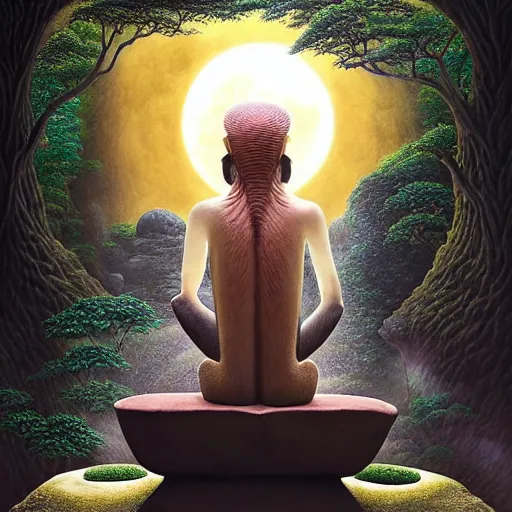 Image similar to an anthromorphic monkey meditating in a zen garden with a waterfall under the blood moon, by Adi granov and afarin sajedi and amanda sage and evgeni gordiets and Agostino Arrivabene and adonna khare in a psychedelic portrait style, ultrarealistic matte painting, volumetric lighting, fractal, extremely symmetrical, highly detailed face, orisha, 8k, hd