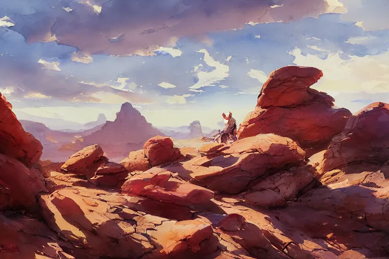 Prompt: watercolor painting of rocky desert landscape closeup, ambient lighting, art by hans gude, art by hans dahl, by jesper ejsing, art by anders zorn, wonderful masterpiece by greg rutkowski, cinematic light, american romanticism by greg manchess, creation by tyler edlin